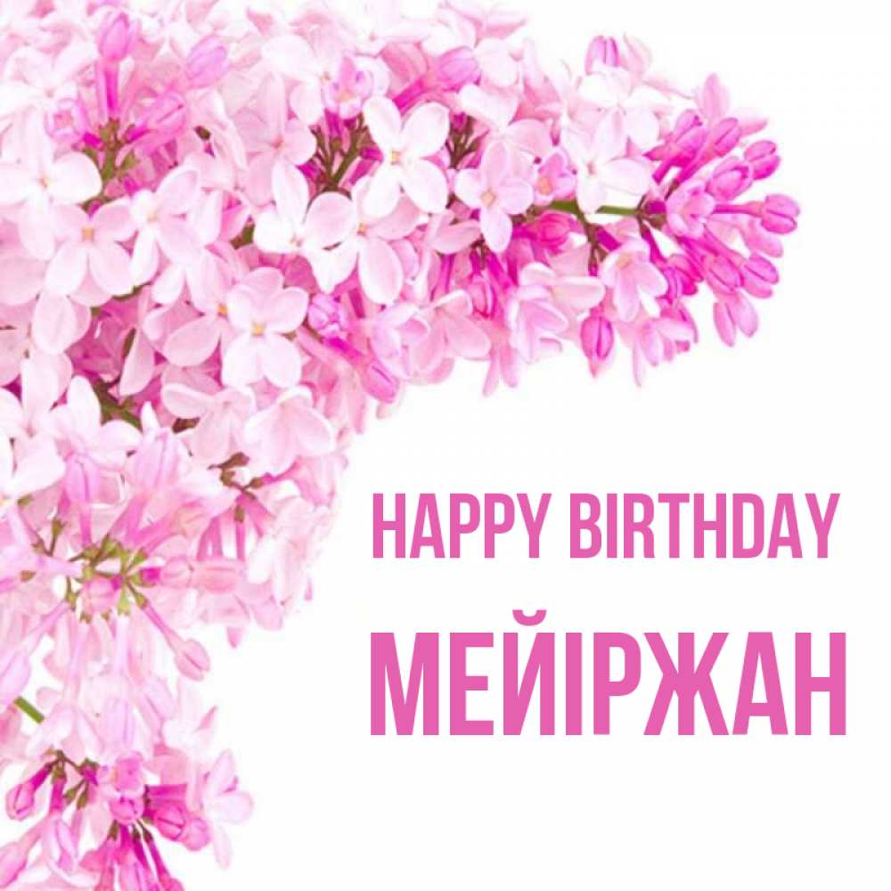 Greetings card с именем, МЕЙІРЖАН Happy Birthday Сирень на белом фоне Greetings with text for free download 