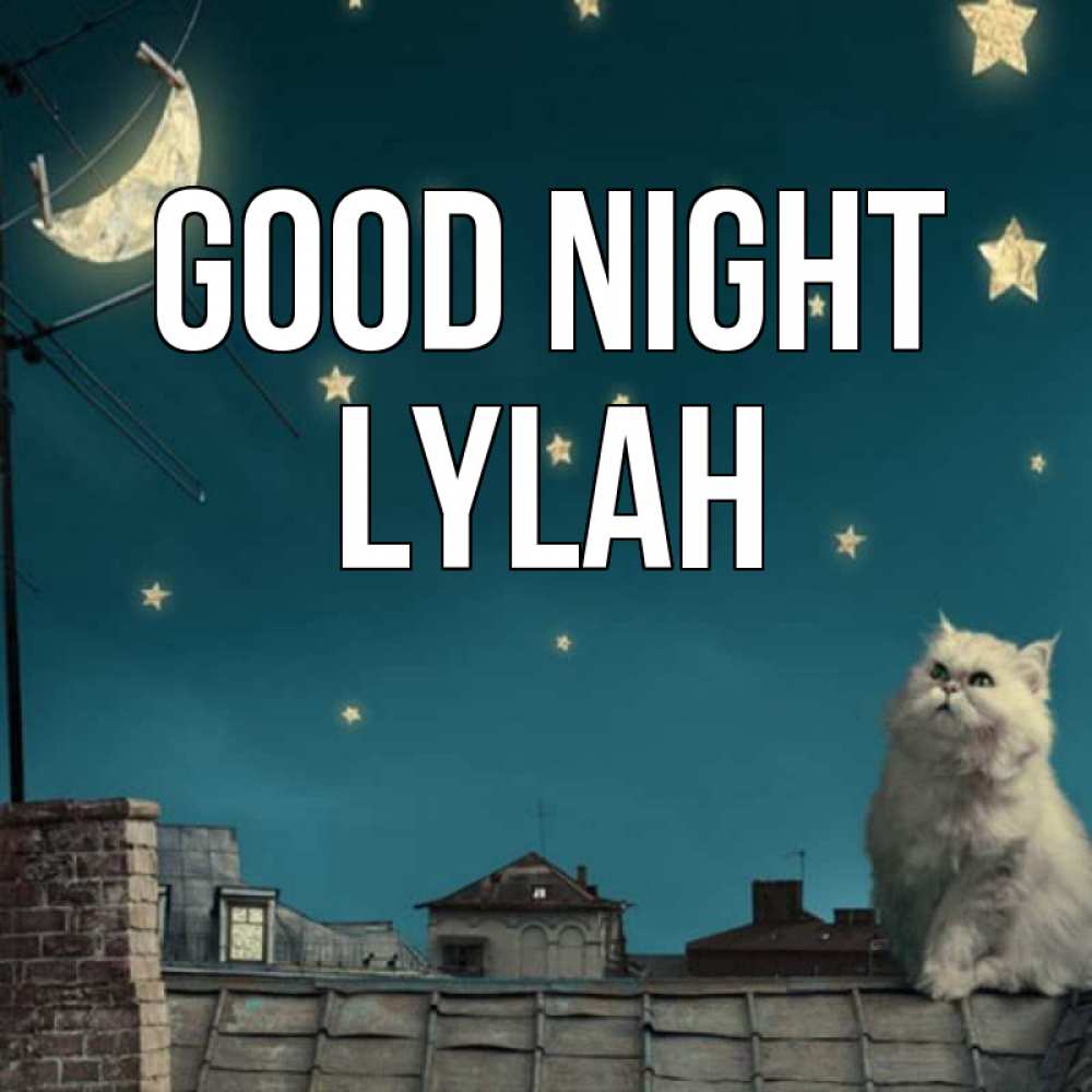 Greetings card с именем, Lylah Good night белый кот сидит на крыше Greetings with text for free download 