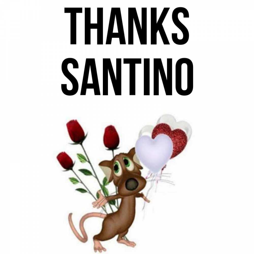 Greetings card с именем, Santino Thanks песик с шариками в форме сердец Greetings with text for free download 