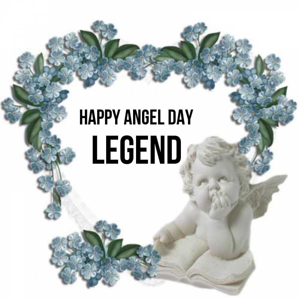 Greetings card с именем, Legend happy angel day голубые цветы и мраморный ангел Greetings with text for free download 