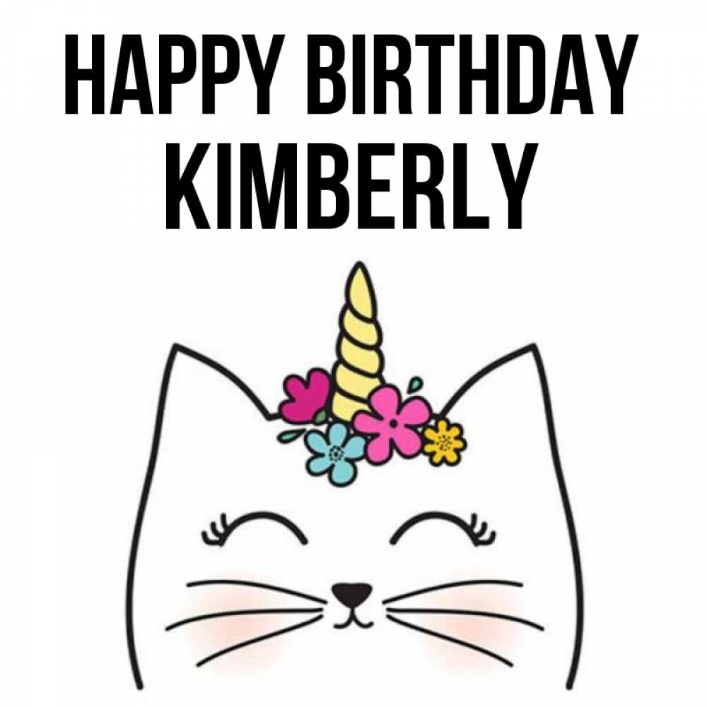 Greetings card с именем, Kimberly Happy Birthday милый кот с одним рожком Greetings with text for free download 