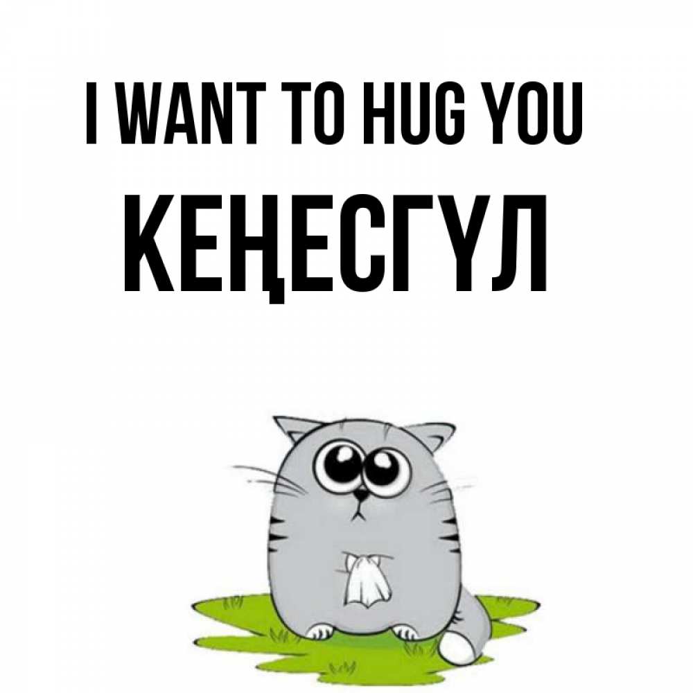 Greetings card с именем, КЕҢЕСГҮЛ I want to hug you котик теребит платочек сидя на травке Greetings with text for free download 