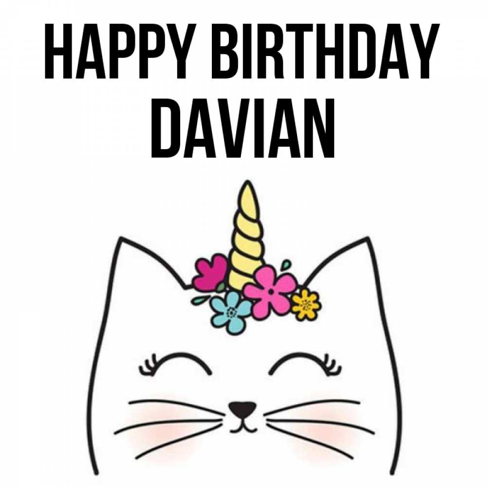 Greetings card с именем, Davian Happy Birthday милый кот с одним рожком Greetings with text for free download 