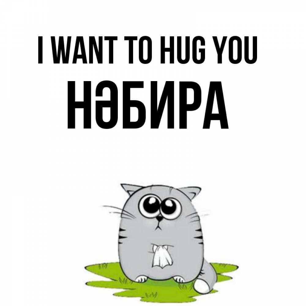 Greetings card с именем, НӘБИРА I want to hug you котик теребит платочек сидя на травке Greetings with text for free download 