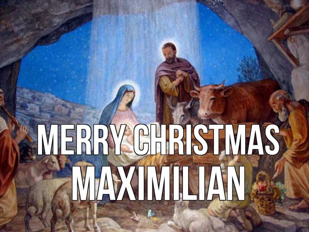 Greetings card с именем, Maximilian Merry Christmas Хлев с животными, Иисус, рождество Greetings with text for free download 