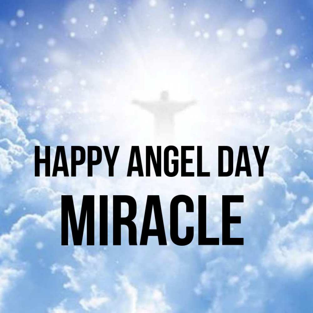 Greetings card с именем, Miracle happy angel day ангел на облаках в свете солнца Greetings with text for free download 