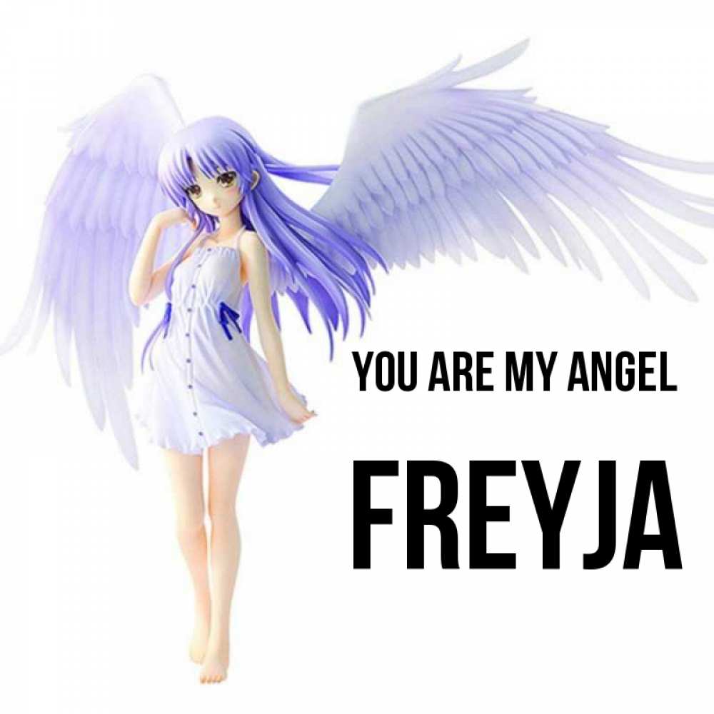 Greetings card с именем, Freyja You are my angel девушка ангел с фиолетовыми крыльями Greetings with text for free download 
