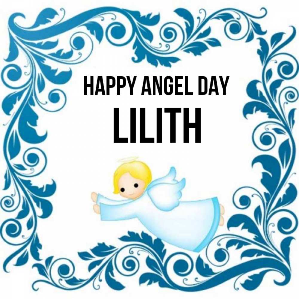 Greetings card с именем, Lilith happy angel day девочка ангел и синяя рамка Greetings with text for free download 