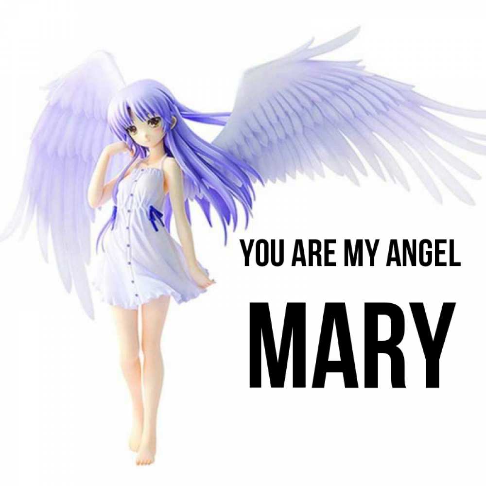 Greetings card с именем, Mary You are my angel девушка ангел с фиолетовыми крыльями Greetings with text for free download 