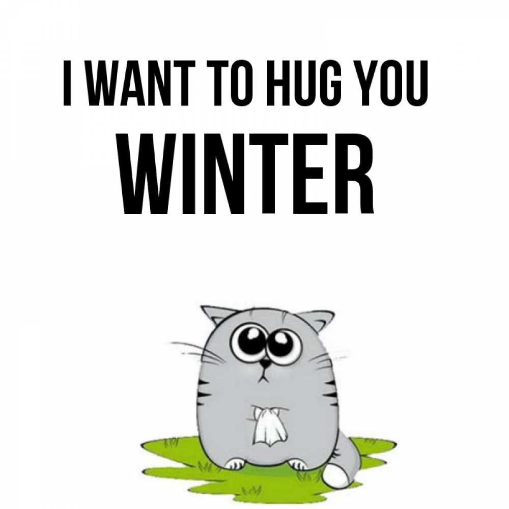 Greetings card с именем, Winter I want to hug you котик теребит платочек сидя на травке Greetings with text for free download 