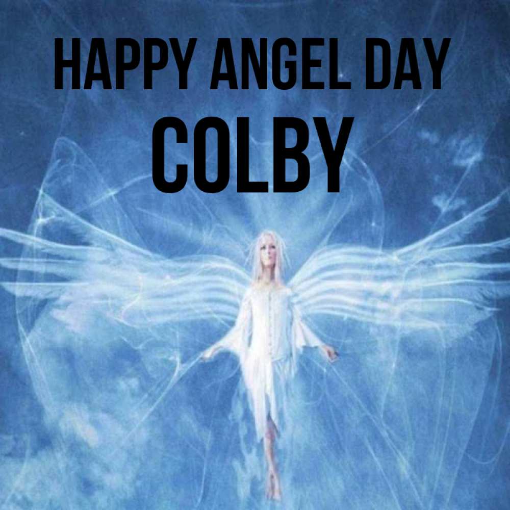 Greetings card с именем, Colby happy angel day голубой фон и крылья как у стрекозы Greetings with text for free download 
