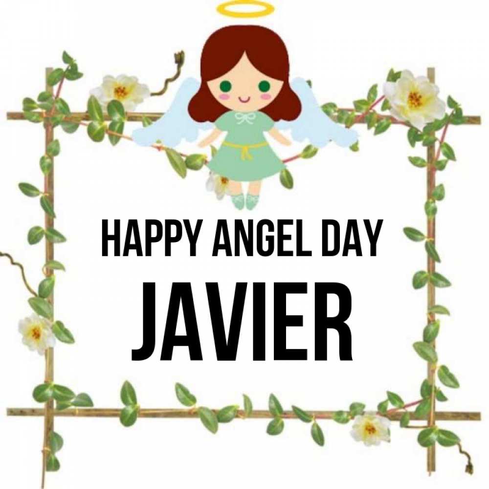 Greetings card с именем, Javier happy angel day Ангел с нимбом Greetings with text for free download 