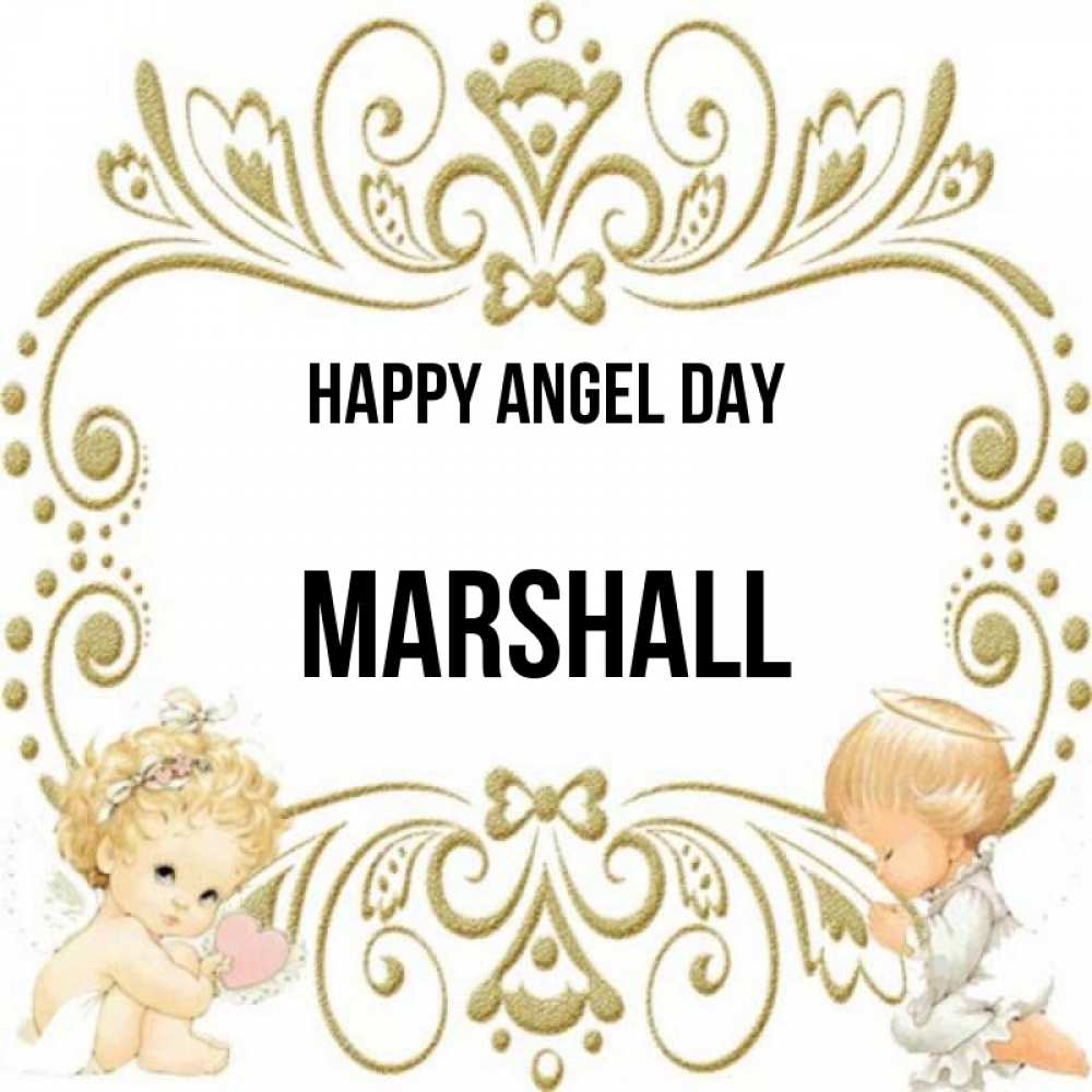 Greetings card с именем, Marshall happy angel day с именинами поздравляют два красивых ангела. Один с сердечком другой молится Greetings with text for free download 