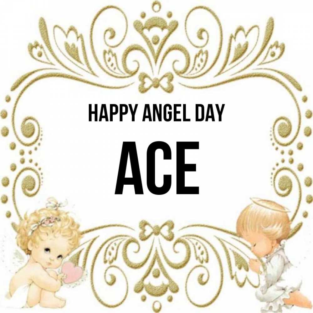 Greetings card с именем, Ace happy angel day с именинами поздравляют два красивых ангела. Один с сердечком другой молится Greetings with text for free download 