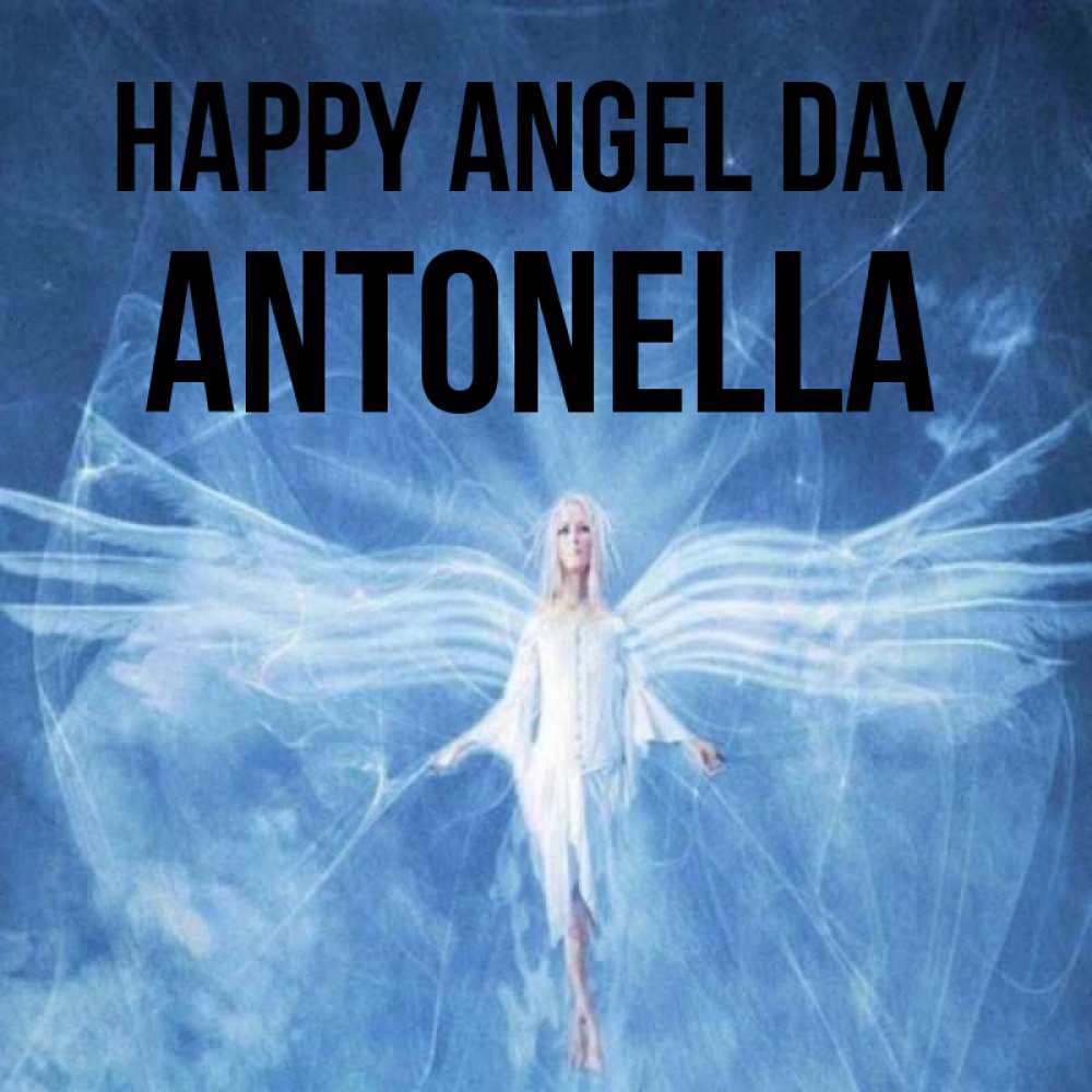 Greetings card с именем, Antonella happy angel day голубой фон и крылья как у стрекозы Greetings with text for free download 
