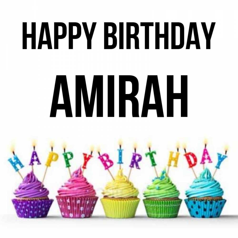 Greetings card с именем, Amirah Happy Birthday открытка ко дню рождения с разноцветными вкусняшками Greetings with text for free download 