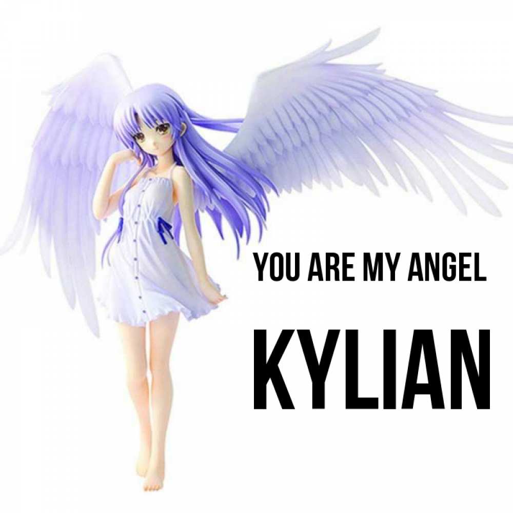 Greetings card с именем, Kylian You are my angel девушка ангел с фиолетовыми крыльями Greetings with text for free download 