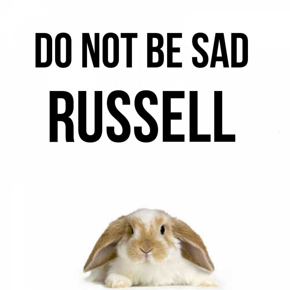 Greetings card с именем, Russell Do not be sad коричнево белый заяц с большими ушками Greetings with text for free download 
