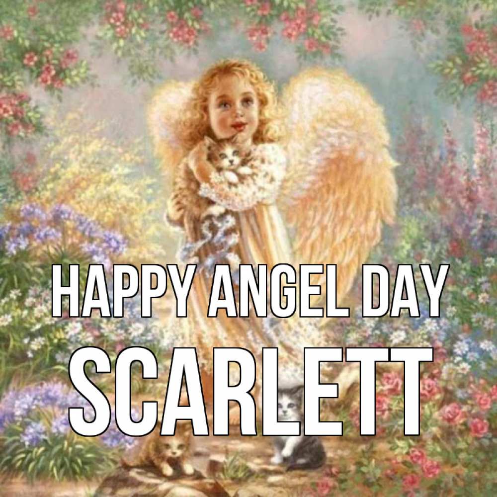 Greetings card с именем, Scarlett happy angel day держит котенка Greetings with text for free download 