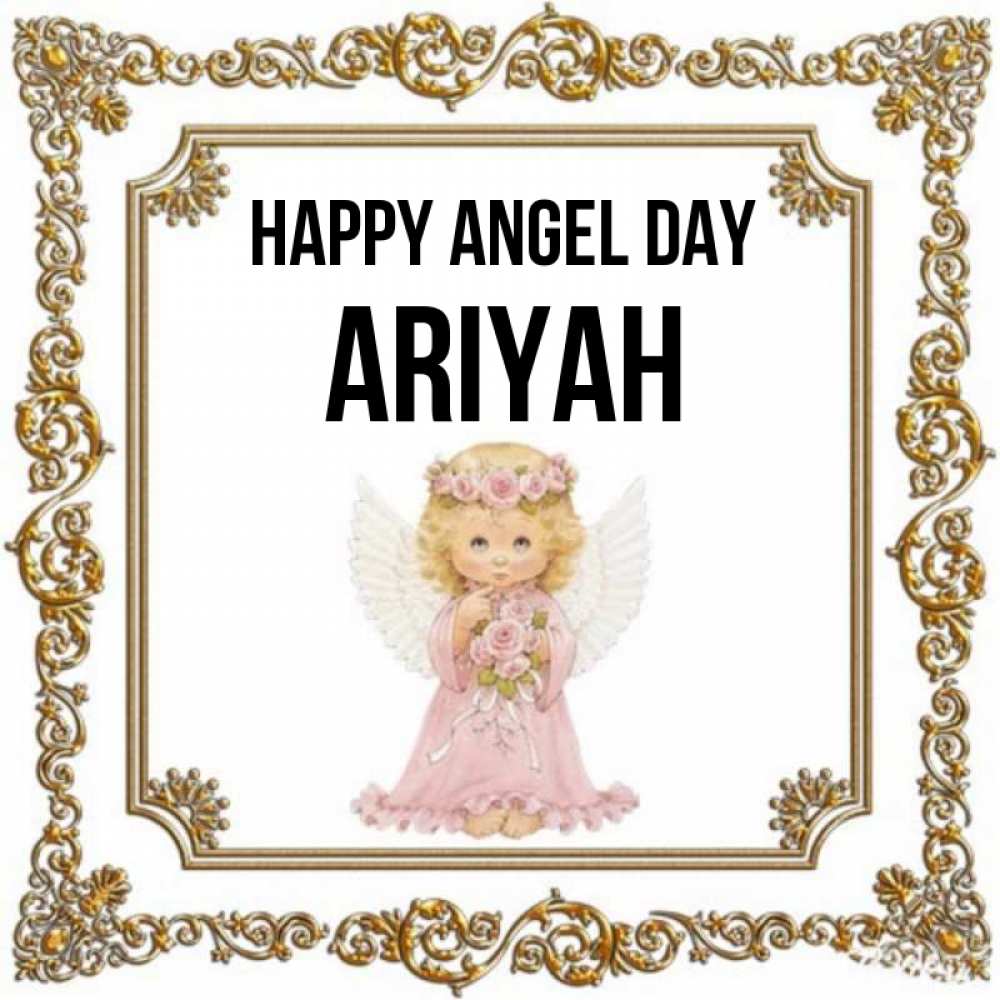 Greetings card с именем, Ariyah happy angel day девочка ангел с крыльями и цветами в розовом платье Greetings with text for free download 