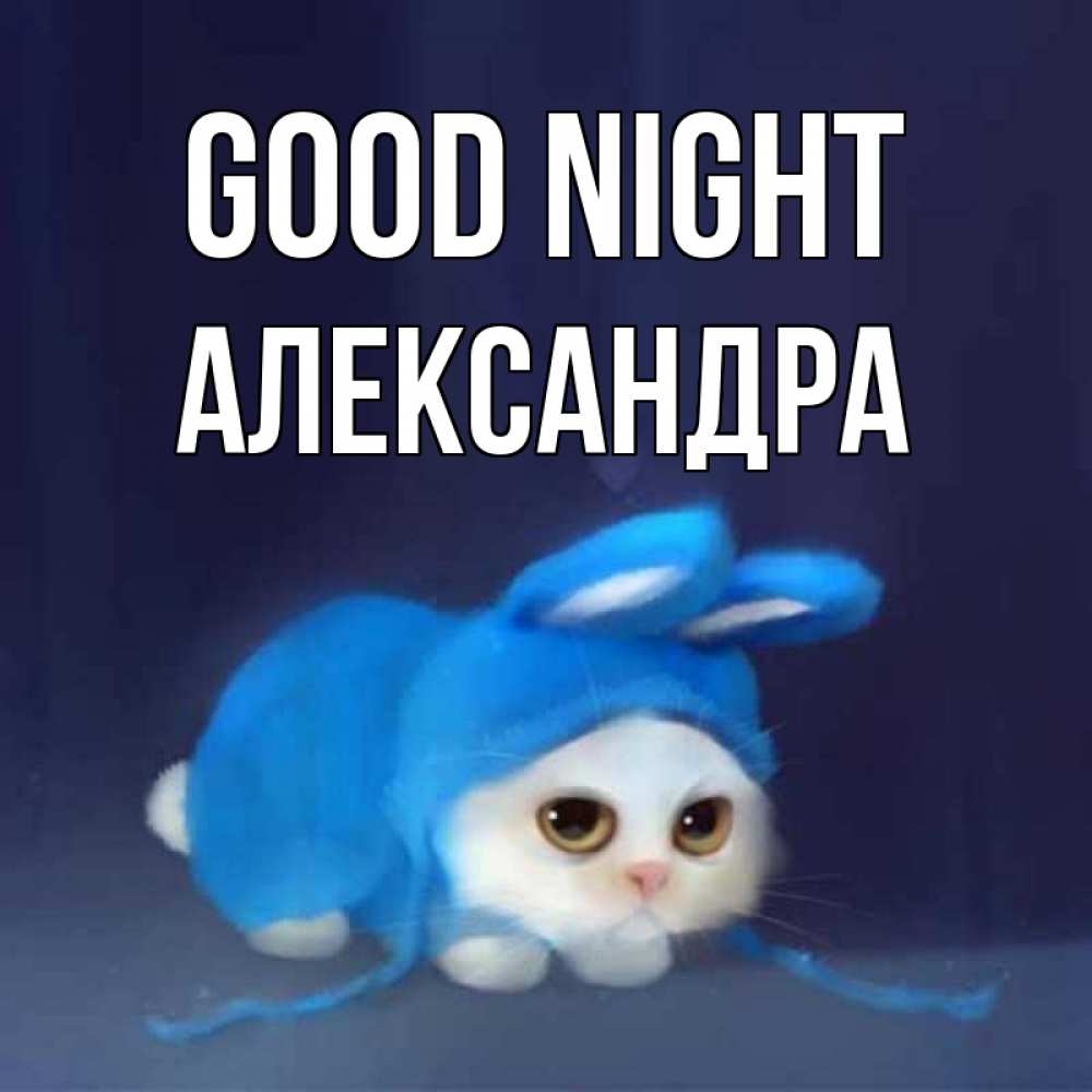 Greetings card с именем, Александра Good night кот в голубом костюме кролика с ушками Greetings with text for free download 