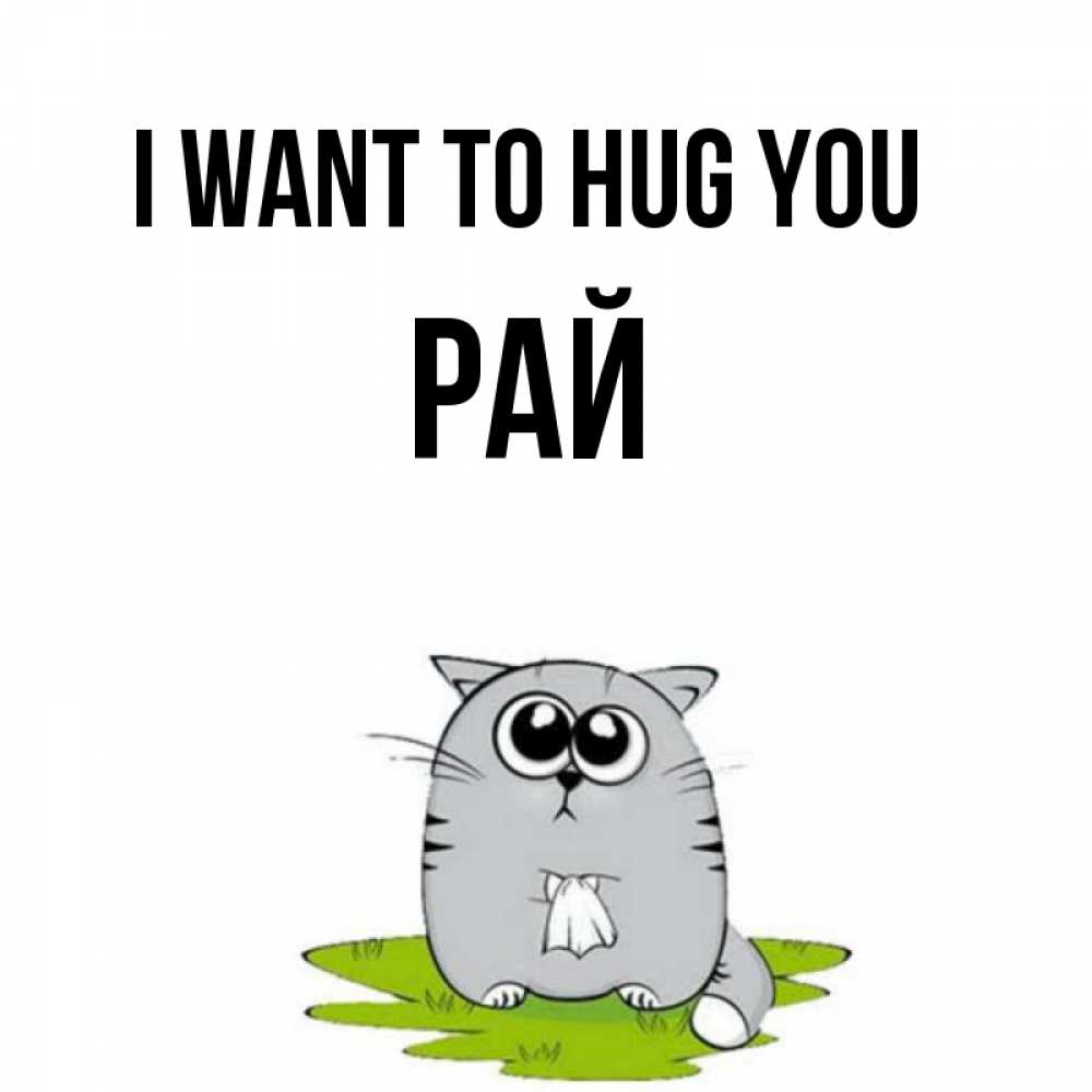 Greetings card с именем, РАЙ I want to hug you котик теребит платочек сидя на травке Greetings with text for free download 