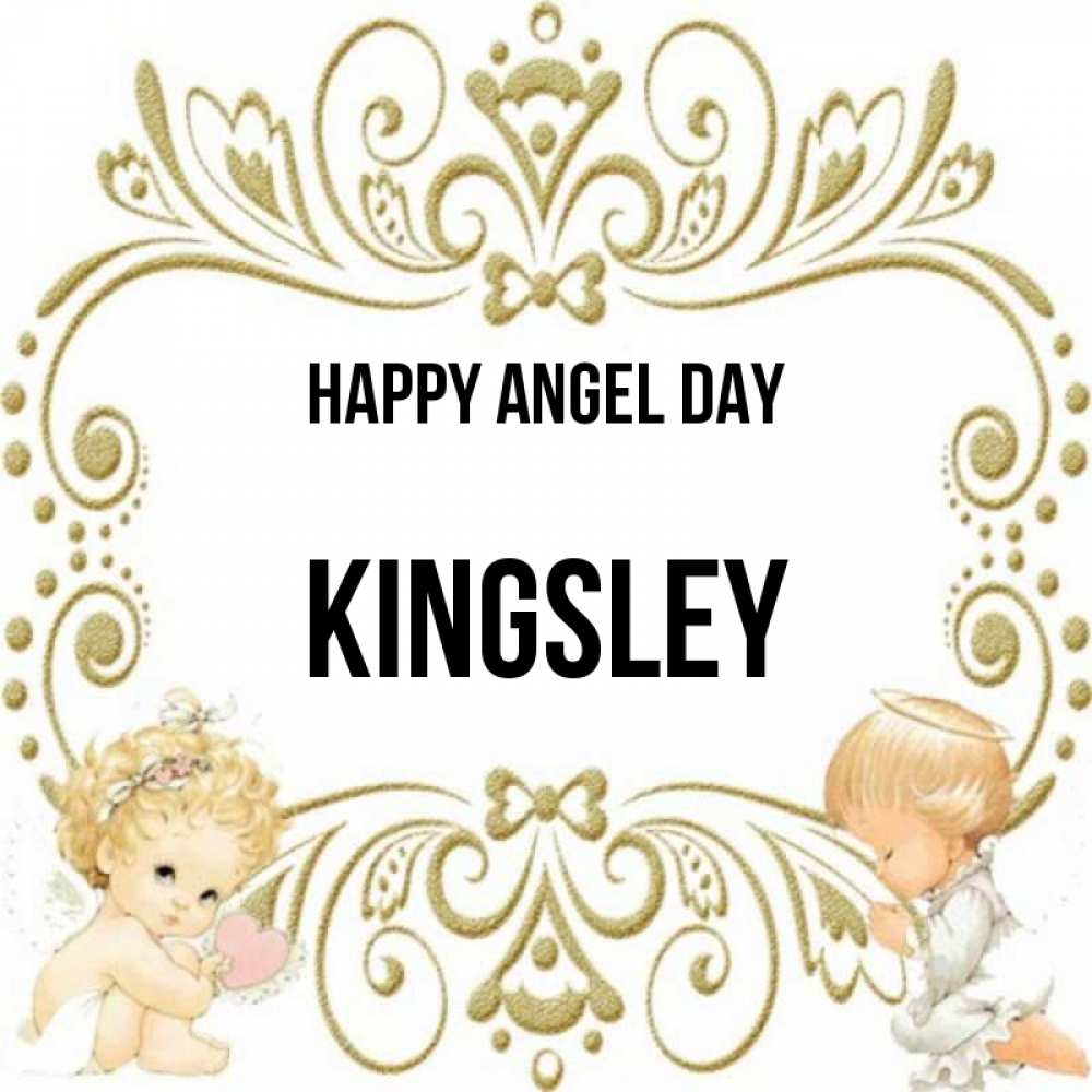 Greetings card с именем, Kingsley happy angel day с именинами поздравляют два красивых ангела. Один с сердечком другой молится Greetings with text for free download 
