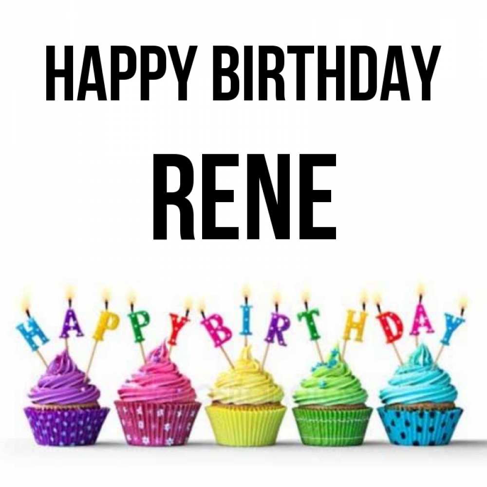 Greetings card с именем, Rene Happy Birthday открытка ко дню рождения с разноцветными вкусняшками Greetings with text for free download 