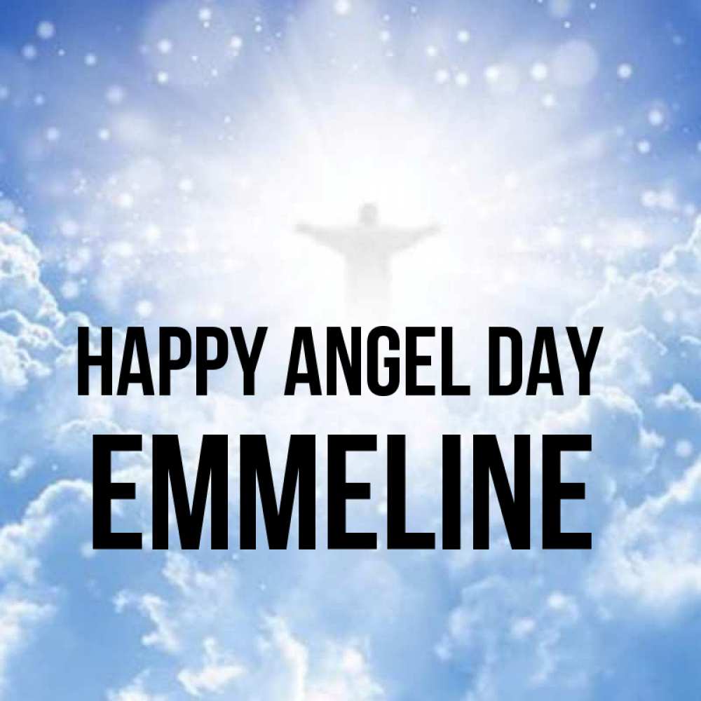 Greetings card с именем, Emmeline happy angel day ангел на облаках в свете солнца Greetings with text for free download 