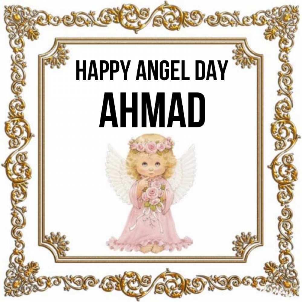 Greetings card с именем, Ahmad happy angel day девочка ангел с крыльями и цветами в розовом платье Greetings with text for free download 