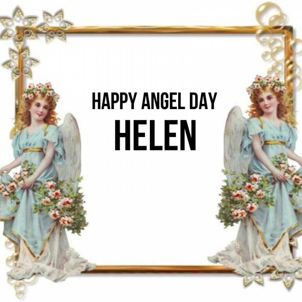 Greetings card с именем, Helen happy angel day рамочка из золота и ангелы Greetings with text for free download 