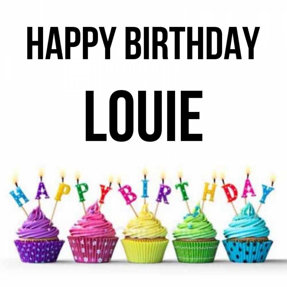 Greetings card с именем, Louie Happy Birthday открытка ко дню рождения с разноцветными вкусняшками Greetings with text for free download 