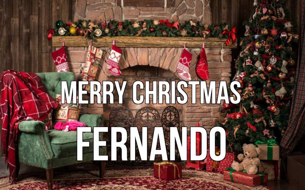 Greetings card с именем, Fernando Merry Christmas рождество, камин, ель Greetings with text for free download 