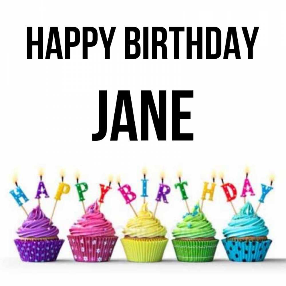 Greetings card с именем, Jane Happy Birthday открытка ко дню рождения с разноцветными вкусняшками Greetings with text for free download 