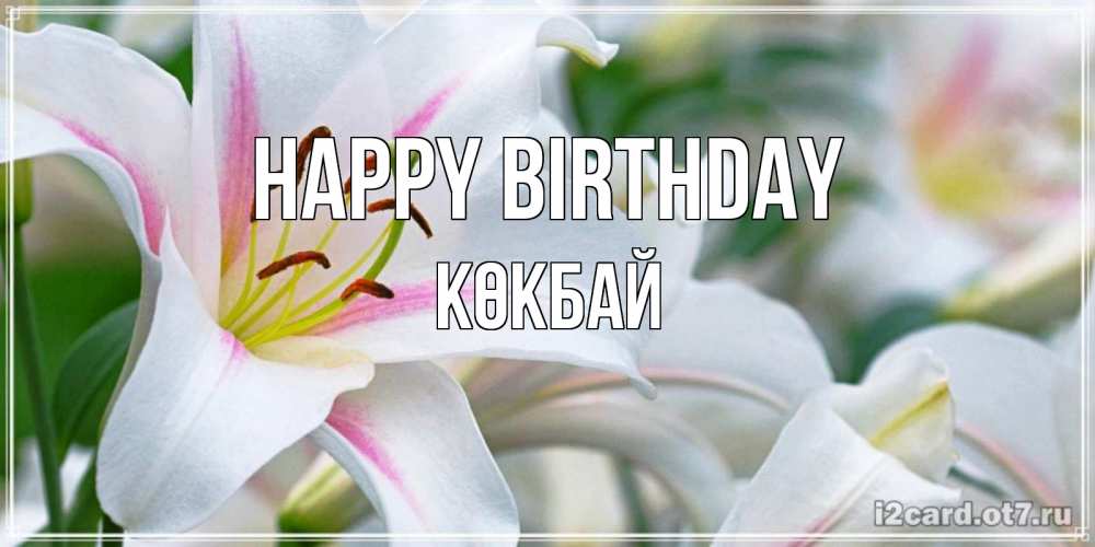 Greetings card с именем, Көкбай Happy Birthday открытка с белой лилией Greetings with text for free download 