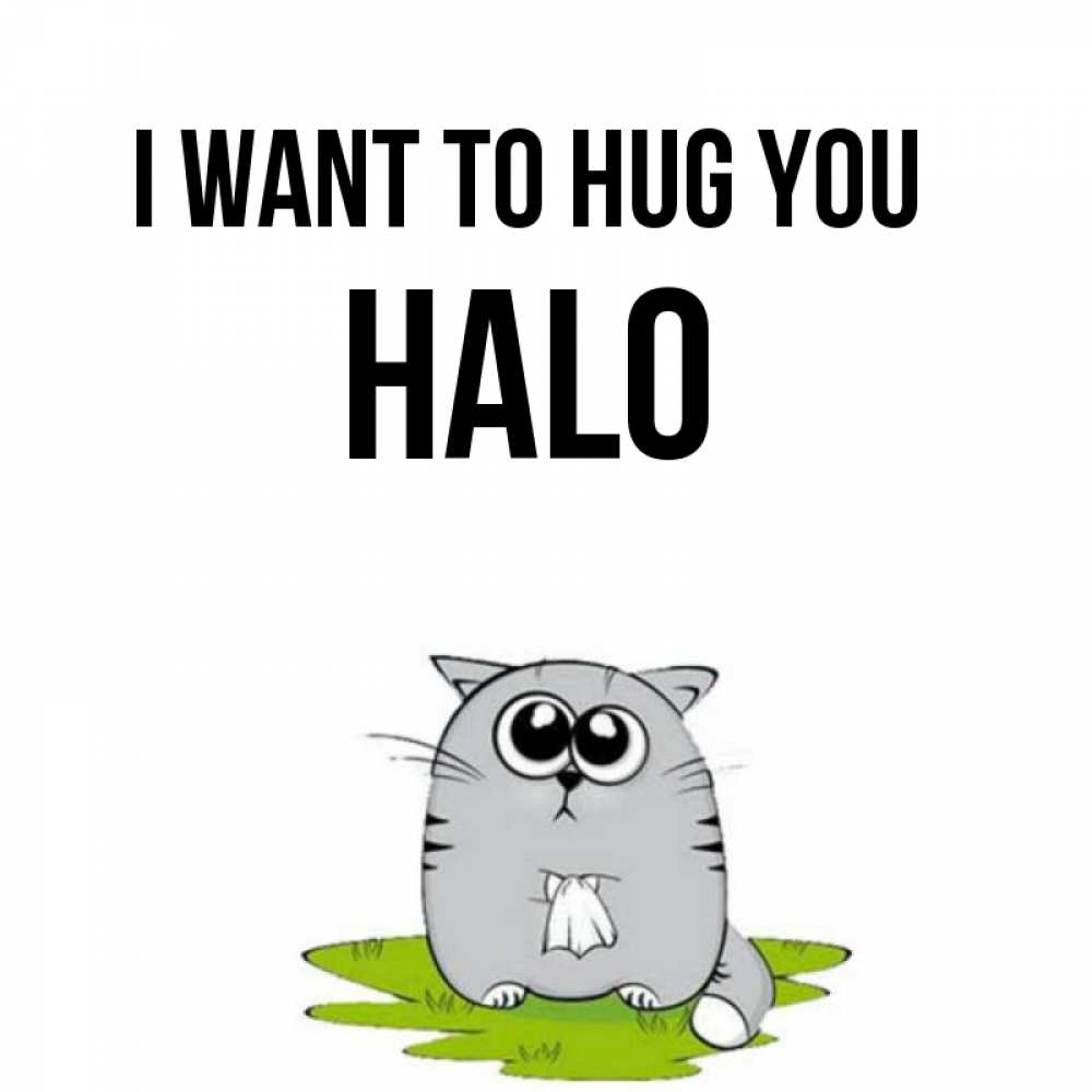 Greetings card с именем, Halo I want to hug you котик теребит платочек сидя на травке Greetings with text for free download 