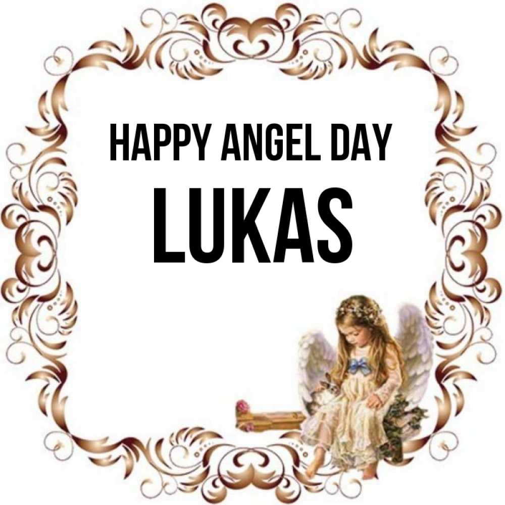 Greetings card с именем, Lukas happy angel day рамочка из перьев и ангелочек Greetings with text for free download 