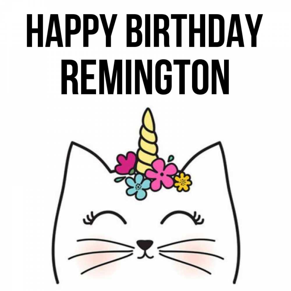 Greetings card с именем, Remington Happy Birthday милый кот с одним рожком Greetings with text for free download 