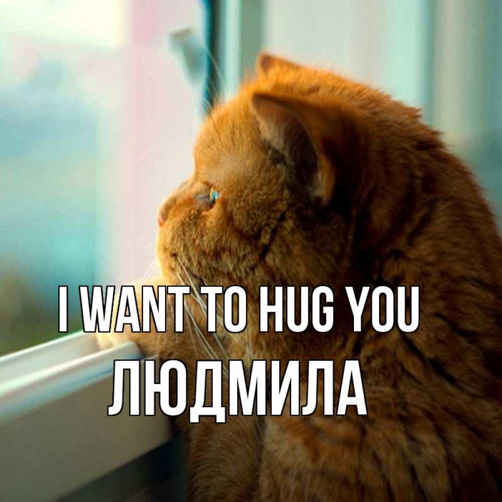 Greetings card с именем, Людмила I want to hug you большой огромный рыжий котяра Greetings with text for free download 