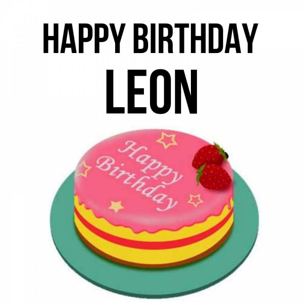 Greetings card с именем, Leon Happy Birthday торт, клубника, днюха Greetings with text for free download 