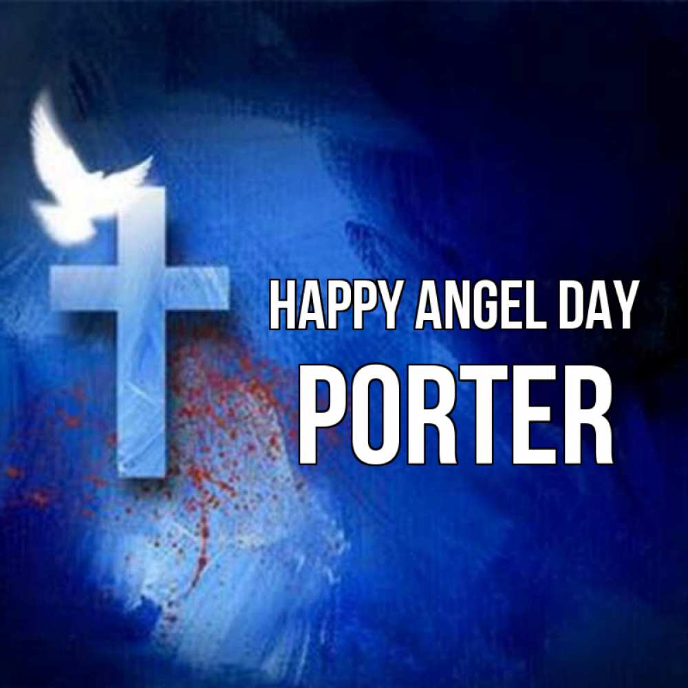 Greetings card с именем, Porter happy angel day Синий фон и птица Greetings with text for free download 