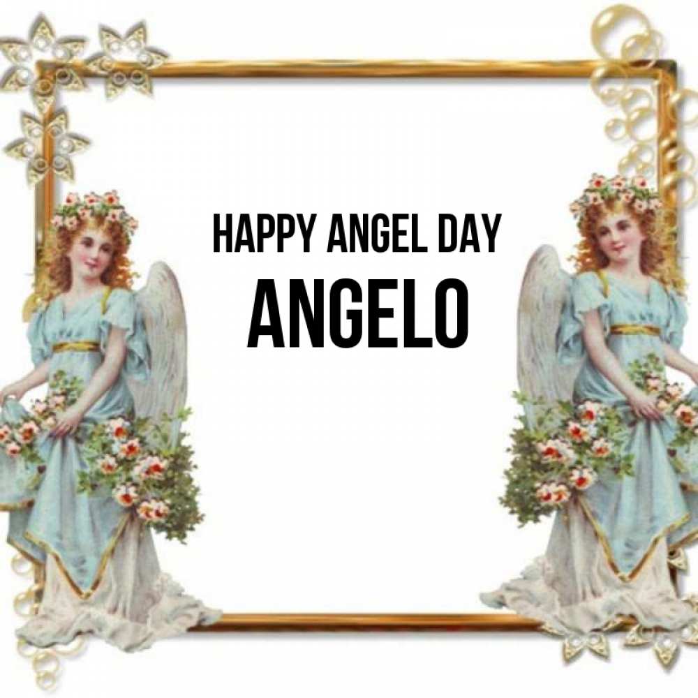 Greetings card с именем, Angelo happy angel day рамочка из золота и ангелы Greetings with text for free download 