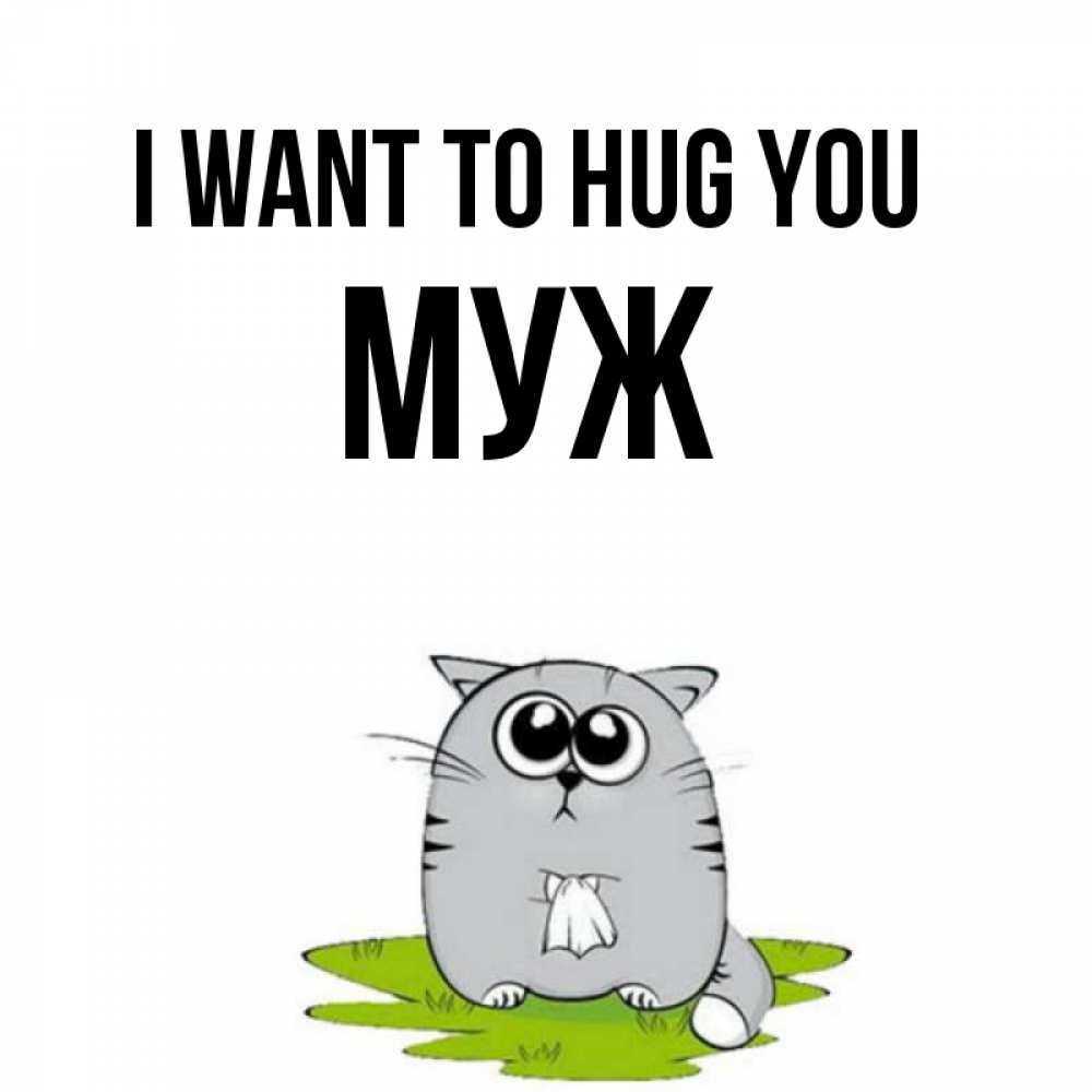 Greetings card с именем, Муж I want to hug you котик теребит платочек сидя на травке Greetings with text for free download 
