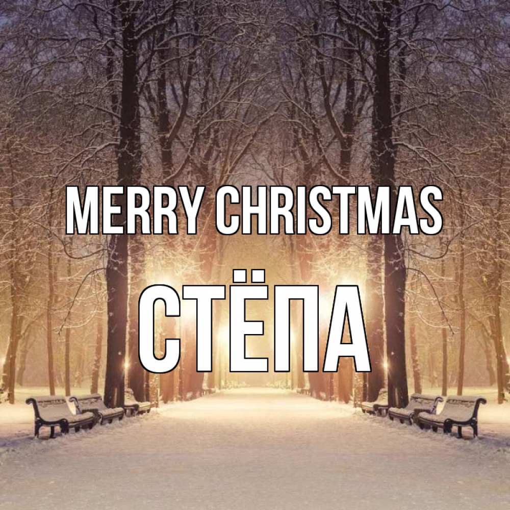 Greetings card с именем, Стёпа Merry Christmas зима, парк, фонарь, лес Greetings with text for free download 