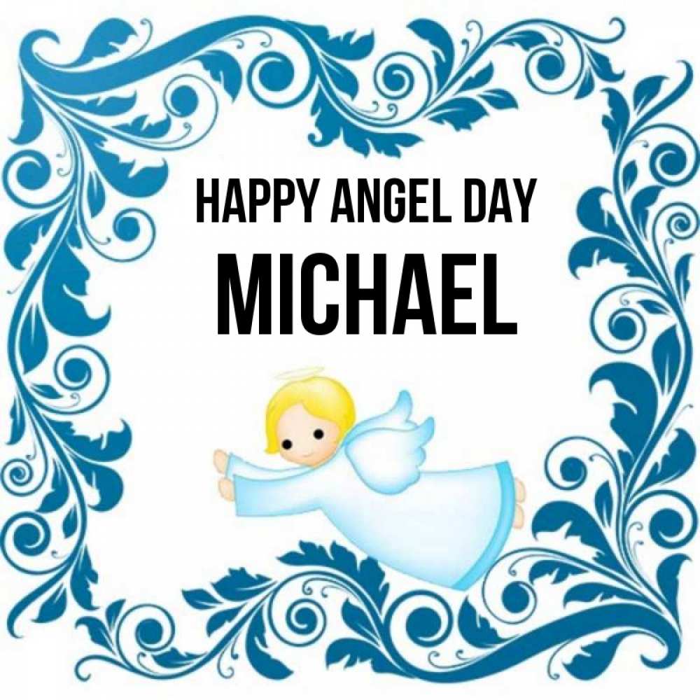 Greetings card с именем, Michael happy angel day девочка ангел и синяя рамка Greetings with text for free download 