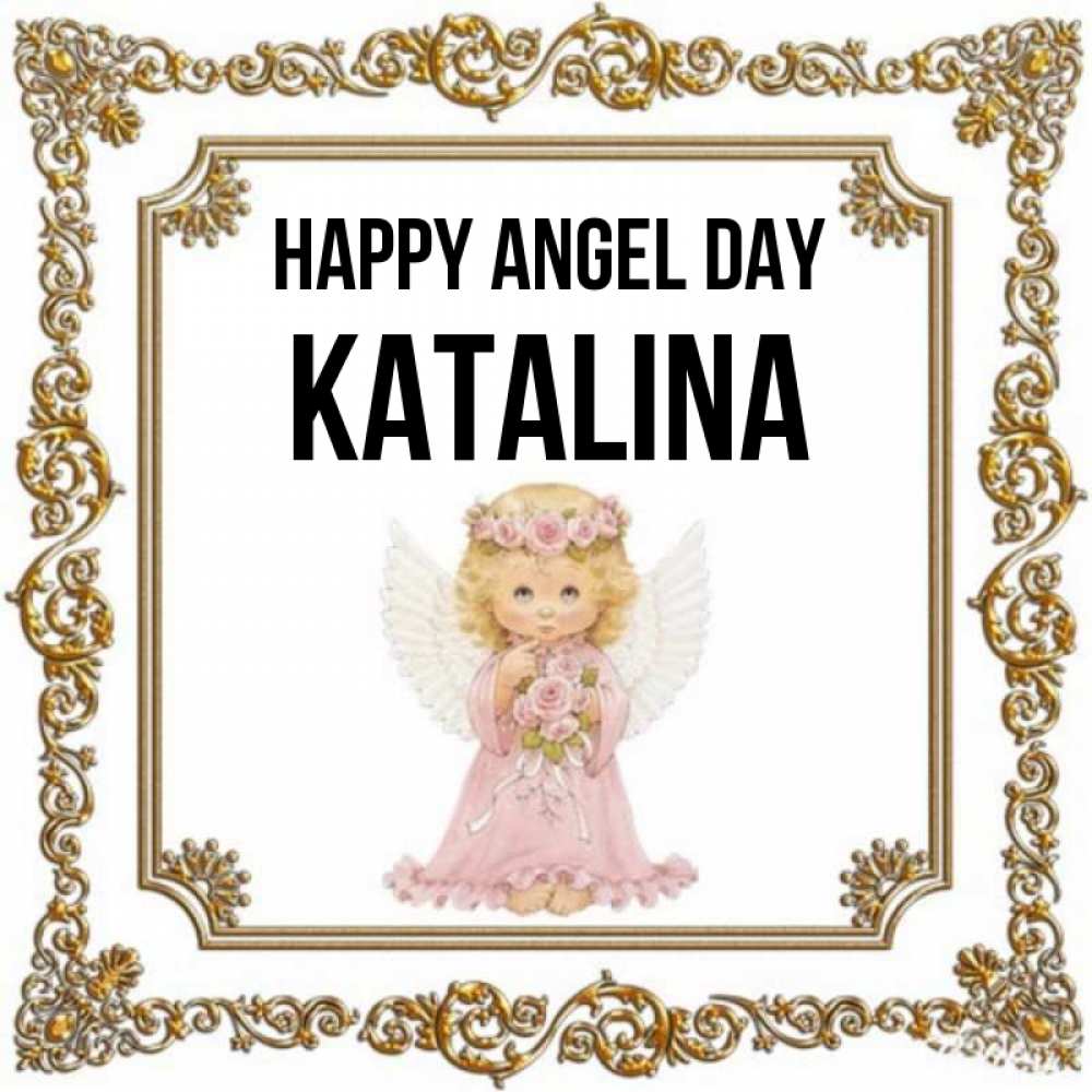 Greetings card с именем, Katalina happy angel day девочка ангел с крыльями и цветами в розовом платье Greetings with text for free download 