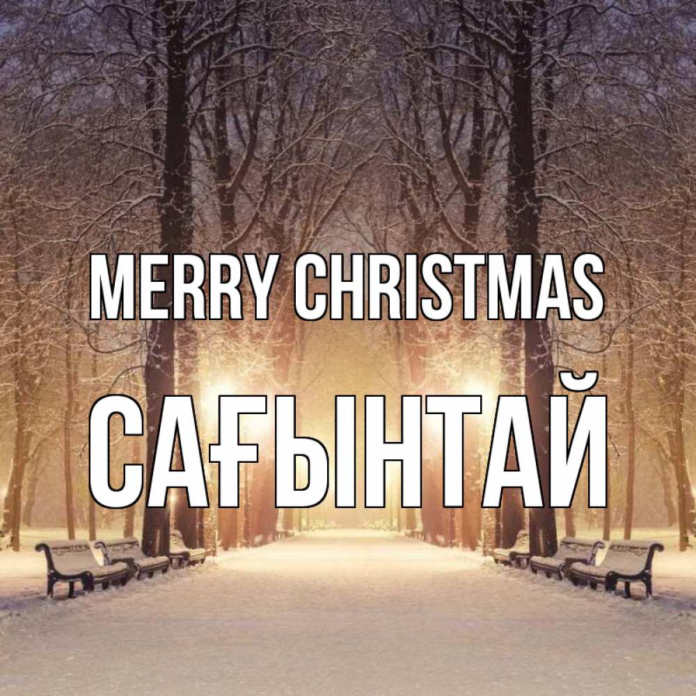 Greetings card с именем, Сағынтай Merry Christmas зима, парк, фонарь, лес Greetings with text for free download 
