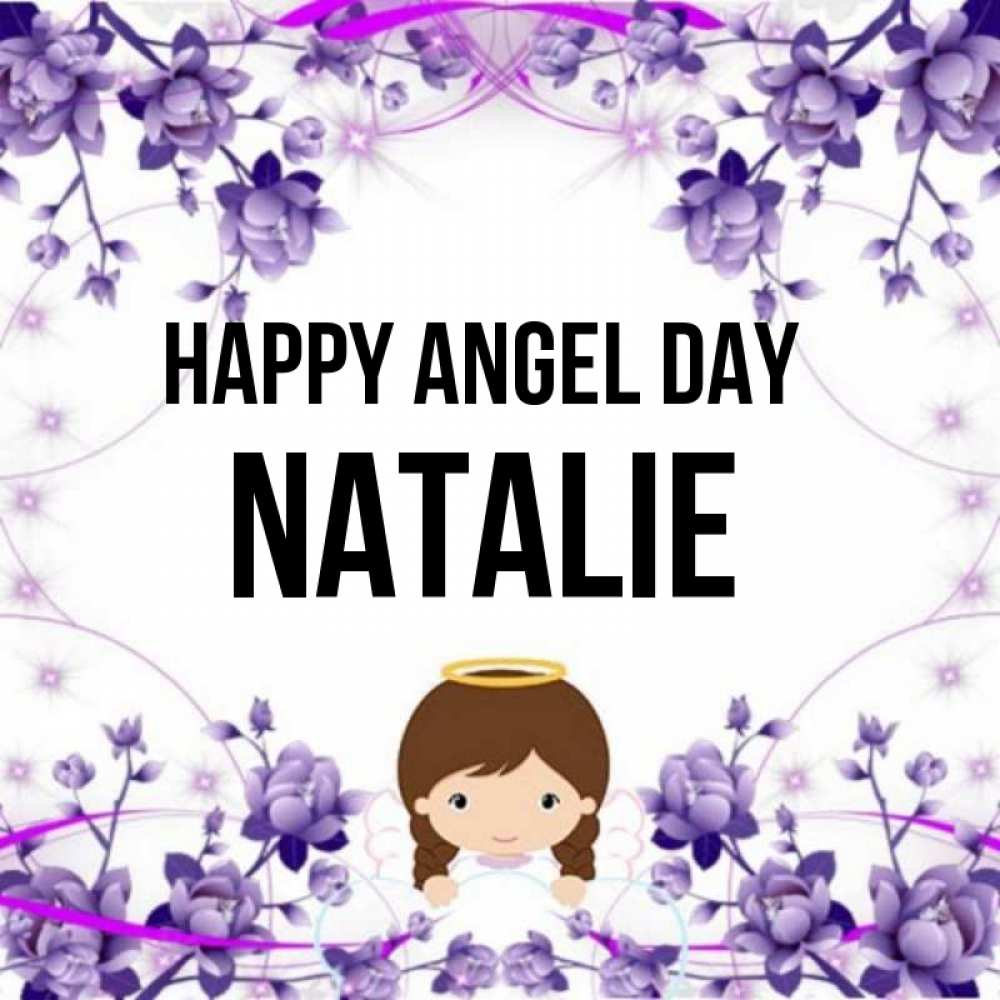 Greetings card с именем, Natalie happy angel day с именинами в рамочке Greetings with text for free download 