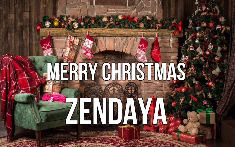 Greetings card с именем, Zendaya Merry Christmas рождество, камин, ель Greetings with text for free download 