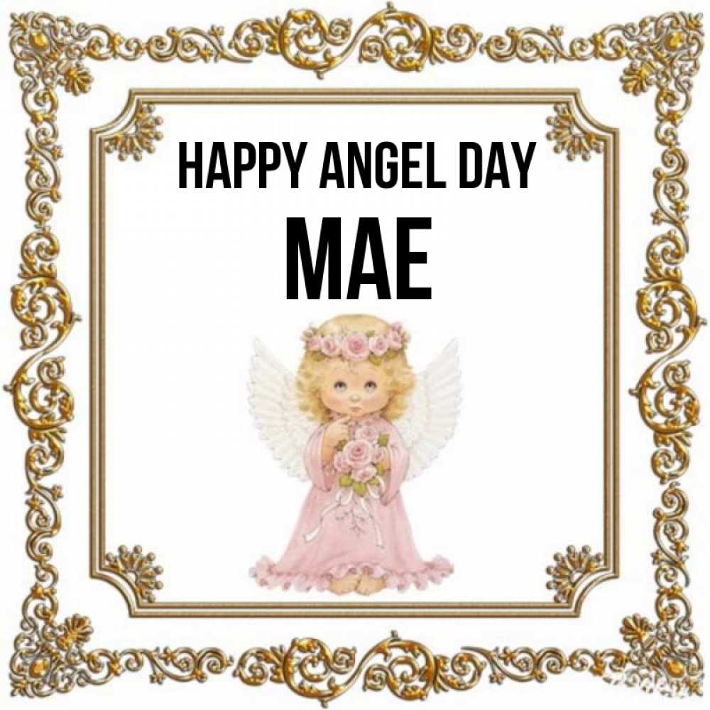 Greetings card с именем, Mae happy angel day девочка ангел с крыльями и цветами в розовом платье Greetings with text for free download 